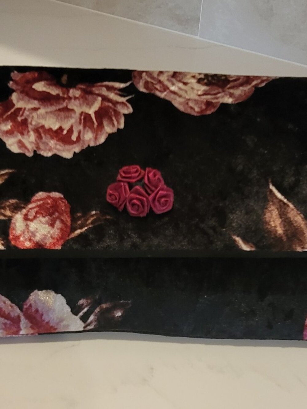 Carmen-the-Artist Handmade Black Velvet Rose Floral Clutch Purse 11"